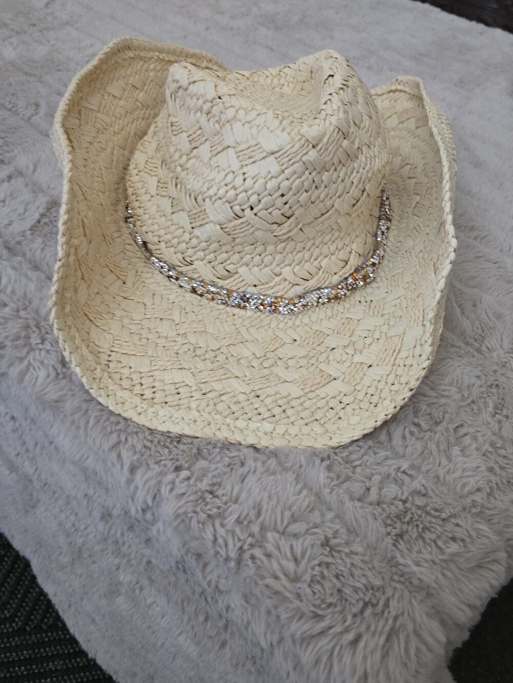 H&M Cream Straw Cowboy Hat with Rhinestone Band